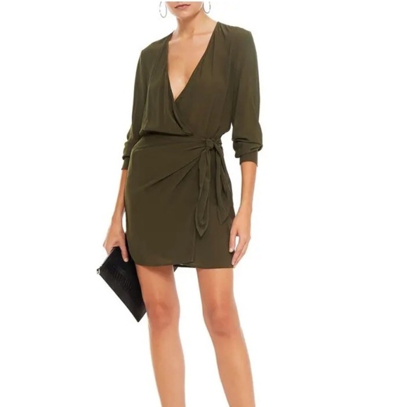 IRO Ophie crepe de chine mini wrap dress army green - Picture 1 of 11